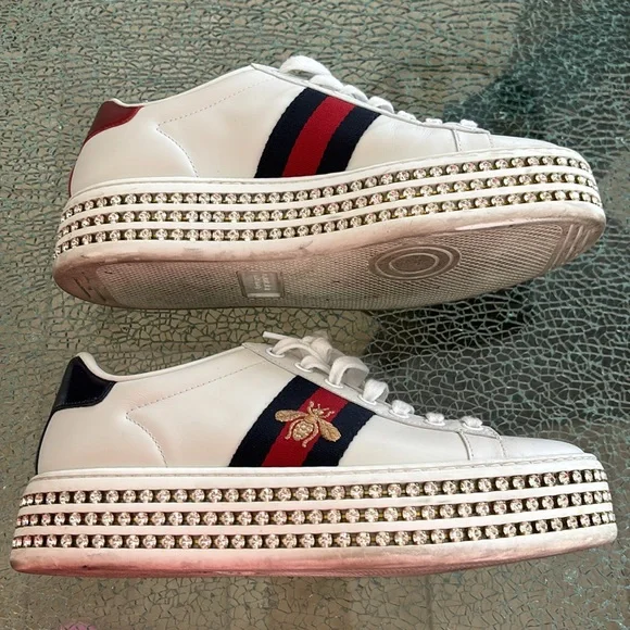 GUCCI Leather and Bee Detail with Ace Crystal Embellished Platform Sneakers - Picture 5 of 14